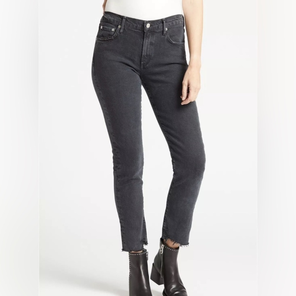 AGOLDE Toni Mid Rise Straight Leg Jeans Black Feral Wash Raw Hem Size 25